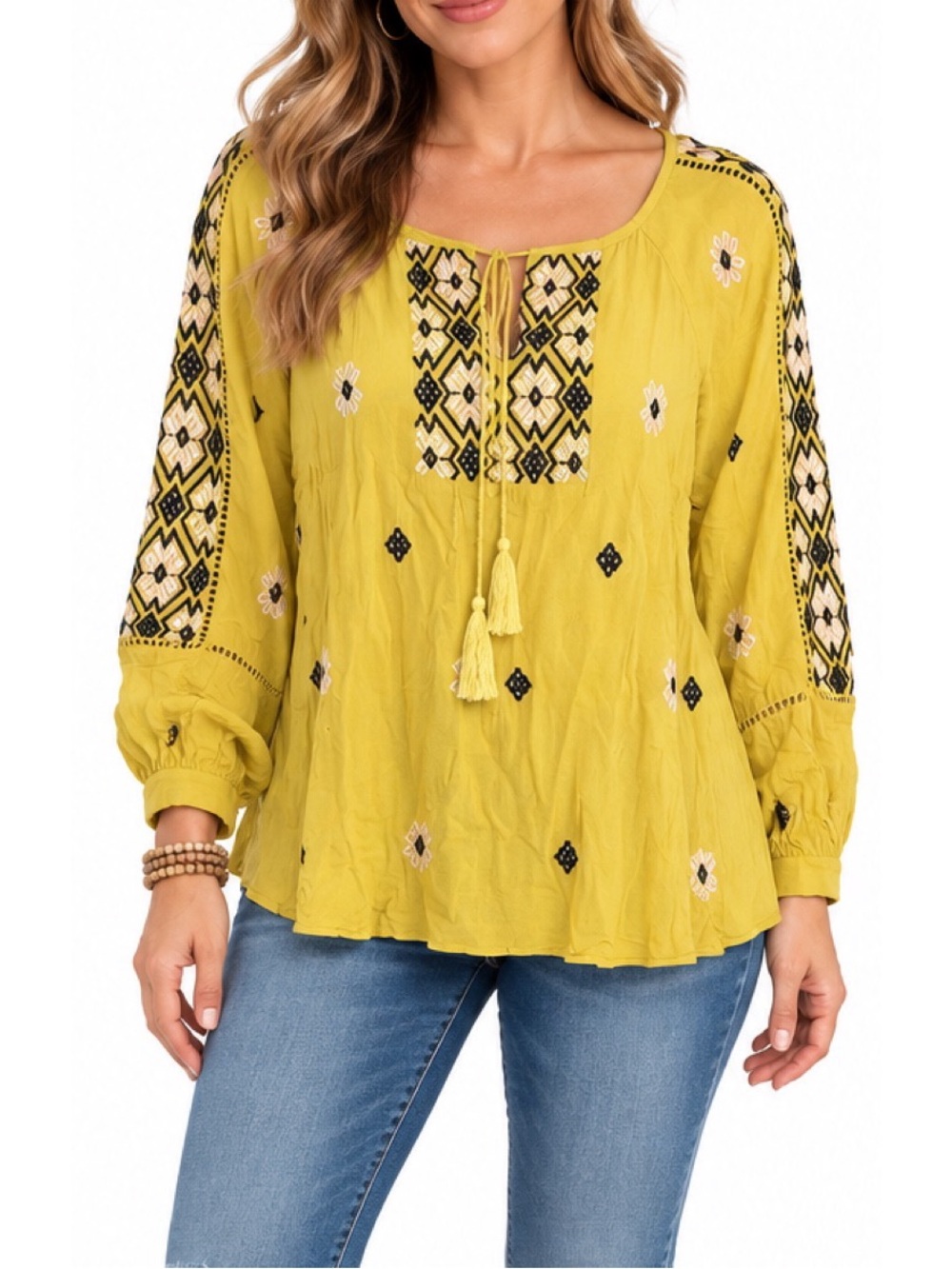 Solitaire Mustard Yellow Embroidered Boho Top- Medium